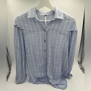 Free People Striped Oversized Button Down Top XS Blue White